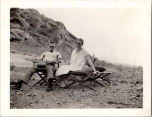 Vintage Snapshot Photo Couple Desert Camping Cot Bow Tie Glasses 3”x3” KJ11