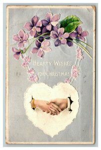 Vintage 1908 Christmas Postcard Silver Face Purple Flowers Man Woman Shake Hands