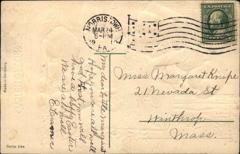 Easter Little Girl with Doll Dolly Bunny Rabbits Easter Eggs c1910 Postcard