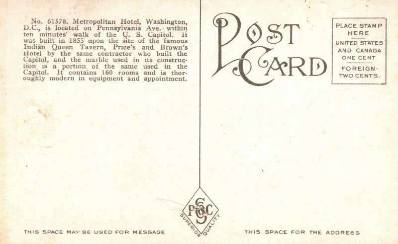 Metropolitan Hotel Washington DC District Pennsylvania Ave Vintage Postcard