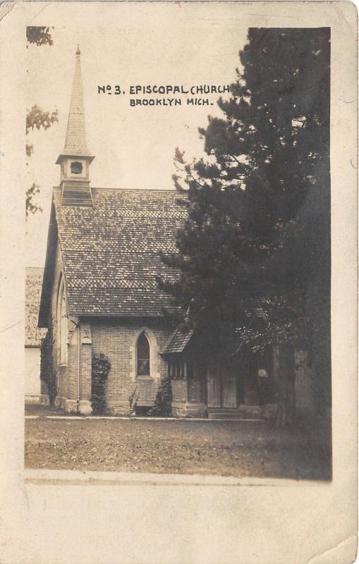 Brooklyn Michigan~No3 Episcopal Church~Tall Steeple~Vintage RPPC