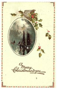 A Merry Christmas to You Vintage Postcard w Sail Boats 1914
