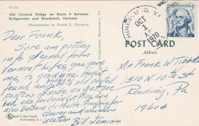 Old Covered Bridge on Route 4 - Woodstock VT, Vermont - pm 1970
