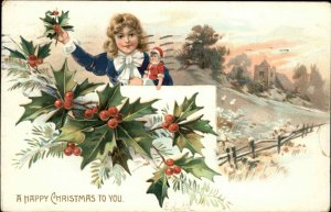 Tuck Christmas Little Girl wth Doll Holly Border c1910 Vintage Postcard