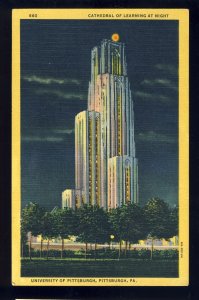 Pittsburgh, Pennsylvania/PA Postcard, Cathedral Of Learning At Night, University