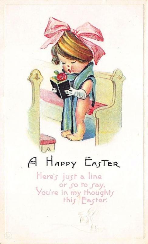 A Happy Easter Poem Singing in Church Pew Embossed 1917 Postcard