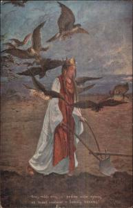 B. Kozina Birds Eagles Attack awoman at Farm Plow Czech c1910 Postcard
