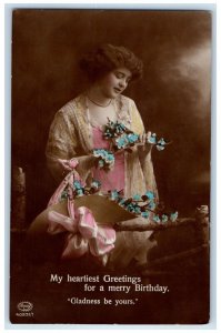 c1910's Birthday Greetings Pretty Woman Flowers Tinted RPPC Photo Postcard 