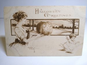 Halloween Postcard Kathryn Elliott Women With JOL Spooks Cherub Angel Sepia 1911