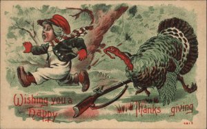 Thanksgiving Turkey with Gun Chasing Little Boy c1910 Vintage Postcard