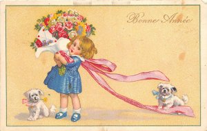 Lot281 bonne annee girl with flower and dogs new year france greetings