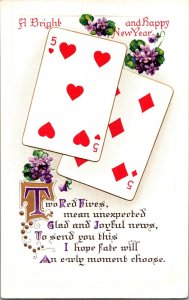 Bright Happy New Year, Pair of Fives Playing Cards Vintage Postcard N74