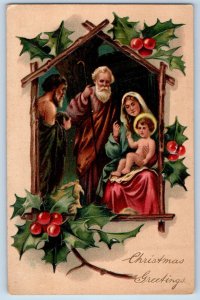 PFB Postcard Christmas Greetings Religious Holly Berries Embossed Poultney VT