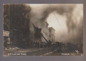 Peoria ILLINOIS RPPC 1909 FIRE Flames FIREMEN SPRAYING HOSE Smoke DISASTER IL #1