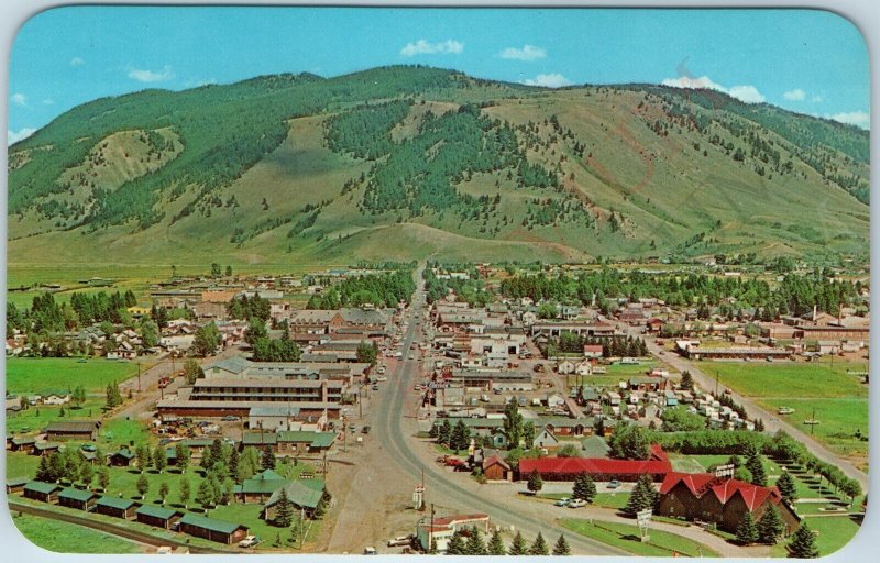 c1950s Jackson, WY Panorama Birds Eye Downtown Gas Road Signs Hole Sanborn A197