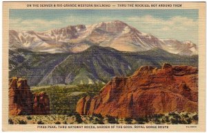 Pikes Peak Thru Gateway Rocks, Garden Of The Gods, Colorado, Vintage Postcard