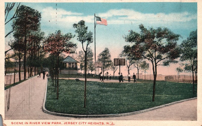 Vintage Postcard 1920's River View Park Jersey City Heights New Jersey US Flag 