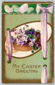 My Easter Greeting, Violets, Basket, 1911 Postcard, Cainsville Ont DPO Cancel