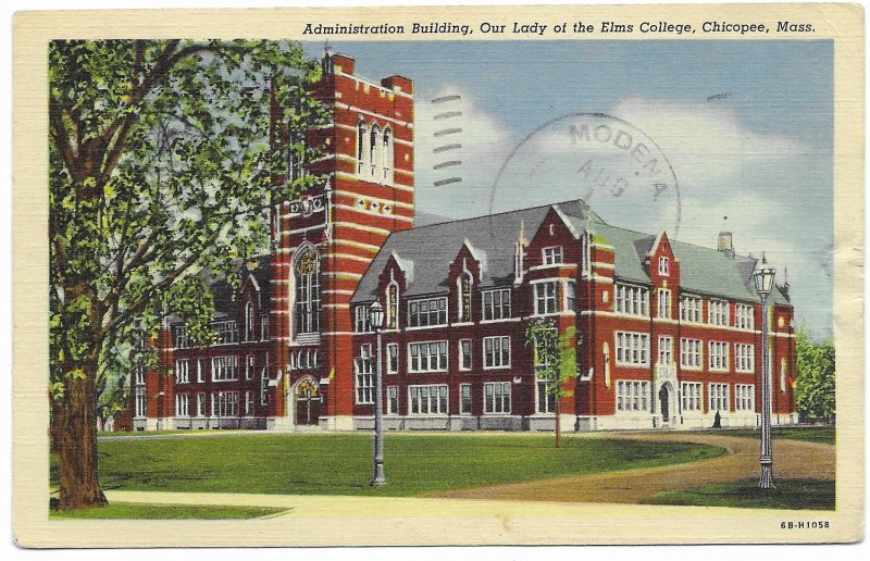 US Chicopee, Mass. Our Lady of the Elms College. with postage, mailed 1952.