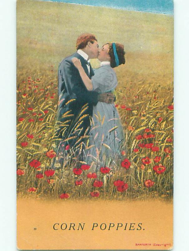 Bamforth ROMANTIC COUPLE KISSING IN CORN POPPY FLOWER FIELD J3865