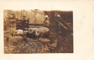 G68/ Occupational RPPC Postcard c1910 Farmer Pigs Hogs Barn 10