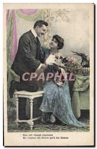 Old Postcard Her Pretty Face Rayon in Seeing Qu'll Flowers Give him