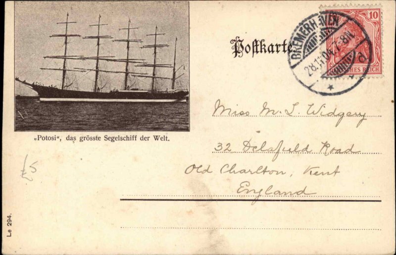 1904 Cancel Bremerhaven Germany Kaiserhafen SCHOONER Potosi
