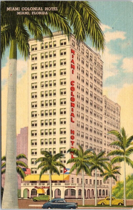 Miami Colonial Hotel Florida Street View Old Cars American Flags Palm Postcard 