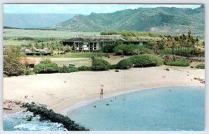 1960-70's KAUAI RESORT HOTEL HAWAII AERIAL VIEW BEACH MOUNTAINS OCEAN POSTCARD