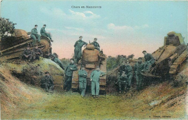 French army tanks in action soldiers uniforms early military postcard