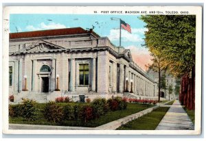 1926 Post Office American Flag Entrance Lawn Madison Avenue Toledo OH Postcard