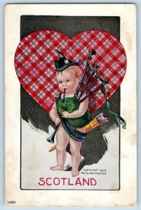 Ullman Artist Signed Postcard Little Boy Scotland Bagpipes Big Heart 1908 Posted