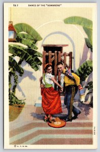Man & Woman Doing Dance of the Sombrero~Vintage Linen Postcard