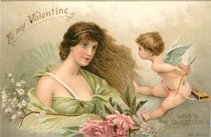 Embossed Valentine Postcard 2533 Beautiful Woman and Cupid Love's Question