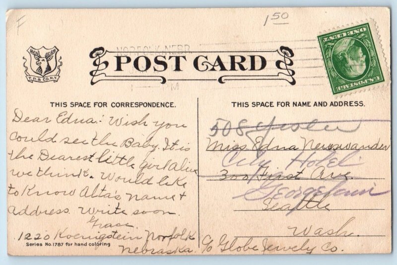 Norfolk Nebraska NE Postcard Stork Baby Weighed The First Time c1910's Antique