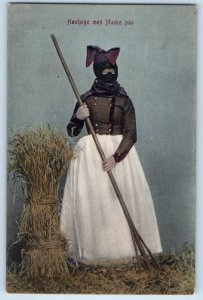 Denmark Postcard Coughing Girl With Mask On Barn Lady Farm Equipment c1910