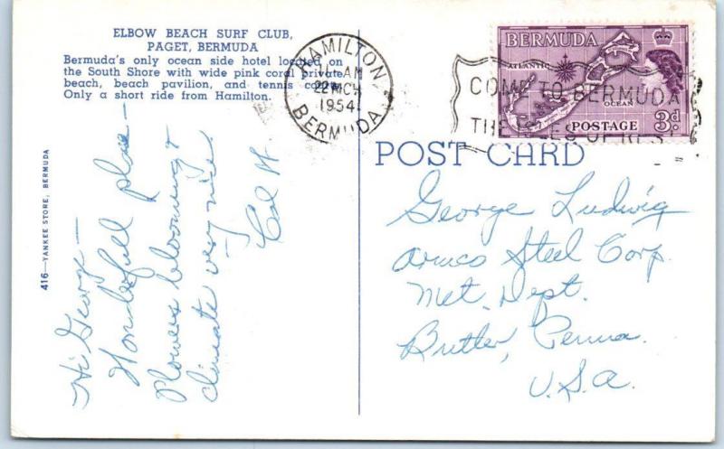 PAGET, BERMUDA   Birdseye  ELBOW BEACH SURF CLUB  1954   Postcard