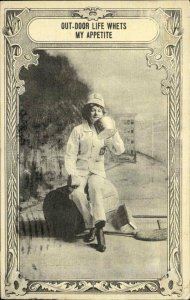 Woman City Worker Drinking From Large Tin Cup c1910 Vintage Postcard