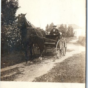 c1900s Gentleman Riding His Horse Carriage RPPC Fat Man House Real Photo PC A135