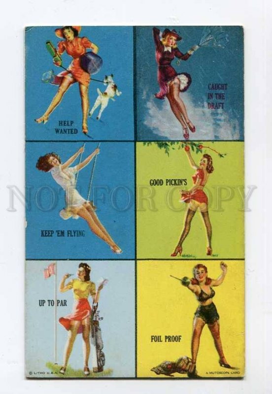 286268 MUTOSCOPE Pin-Up Girl GOLF FENCING Collage Vintage card