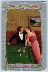 1910 Romance Couple Playing Billiard A Kiss Embossed Elza Georgia GAPostcard