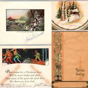 x4 LOT c1930s Christmas Greetings Cards Hound Dog Hunt XMas Mill Logging Fold 5C