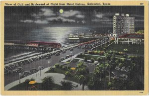 Gulf and Boulevard at Night from Hotel Galvez Galveston Texas