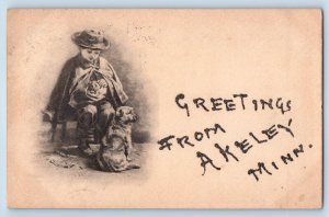 Akeley Minnesota Postcard Greetings Glitter Boy Child Dog c1907 Vintage Antique