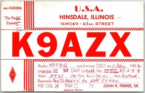 1962 QSL Radio Card K9AZX Hinsdale IL Amateur Radio Station Posted Postcard