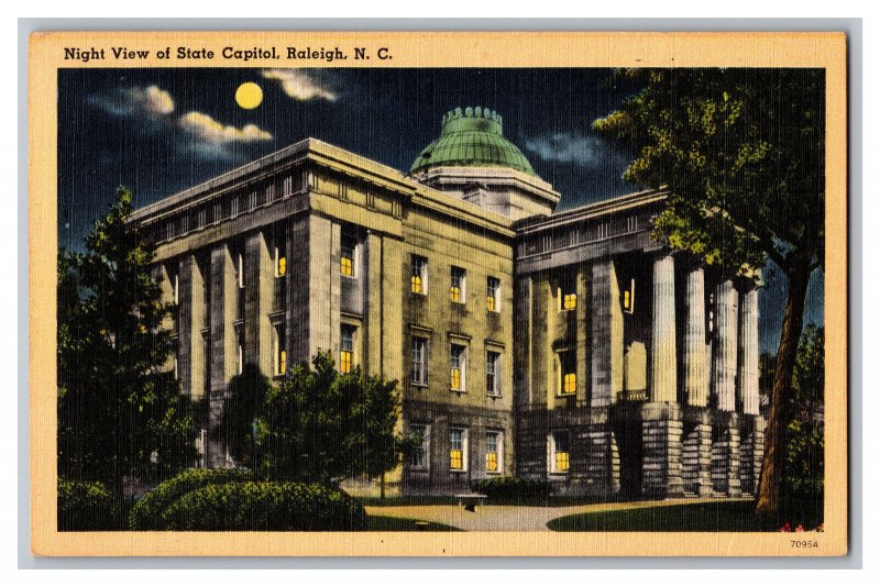 c1948 Postcard NC Night View Of State Capitol Raleigh N. C. North Carolina Moon 