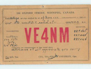 1930s QSL RADIO CARD Winnipeg Manitoba MB AH3259