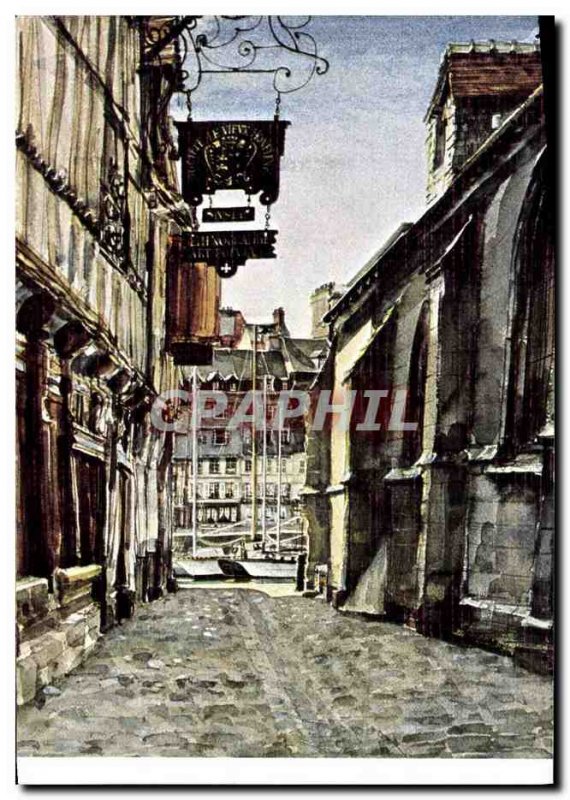 Postcard Old Honfleur Watercolor Jean Louis Thibaut Street prison in 1980 Soc...