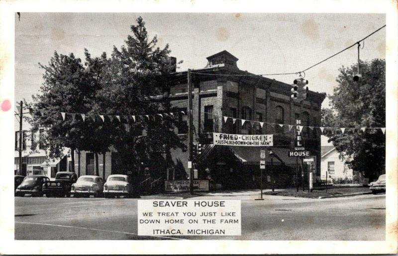 Ithaca Michigan~Seaver House Hotel & Restaurant~Fried Chicken~Pennants~1955 B&W 