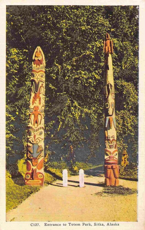 Totem Poles Native American Sitka Alaska linen postcard